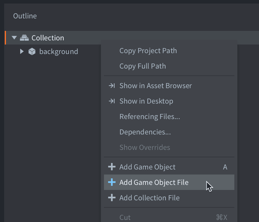 Defold editor: use context menu to add Game Object File