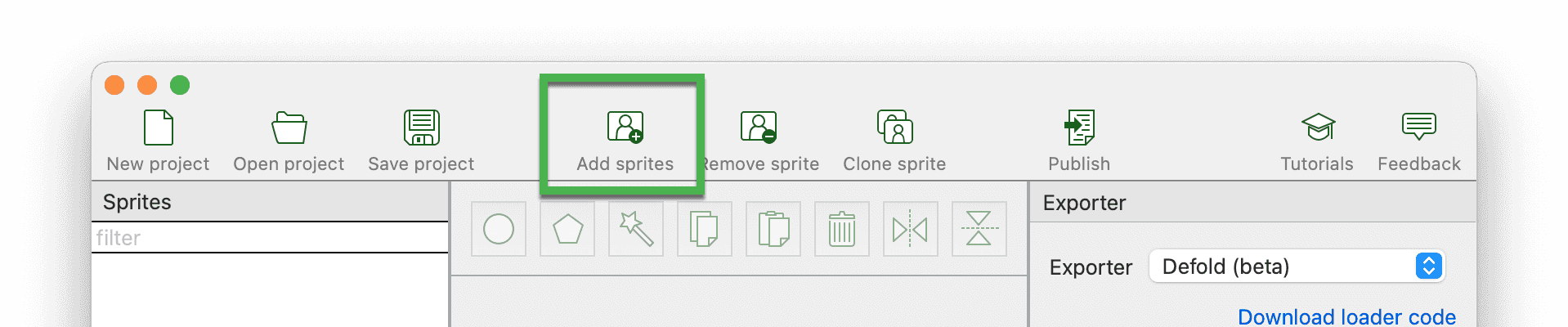 PhysicsEditor: add sprites by clicking the toolbar button